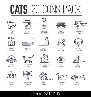 Set of thin line icons about playing, feeding of cats isolated on white. Domestic animals care outline pictograms collection. Kittens toys and food logos. Pets vector elements for infographic, web. Stock Vector