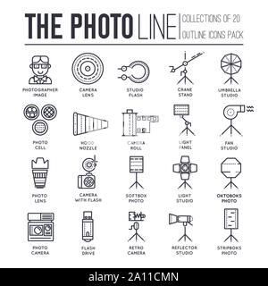 Set of taking photos thin line icons, logos isolated on white. Photographic equipment and instruments outline pictograms collection. Studio shooting vector elements for infographic, web. Stock Vector
