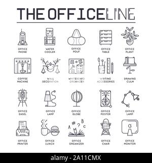 Set of office interior thin line icons isolated on white background. Workplace environment outline pictograms collection. Furniture, equipment logos, vector elements for infographic, web. Stock Vector
