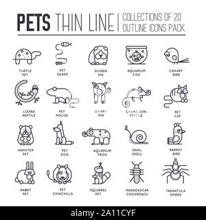 Set of adorable pets thin line icons, logos isolated on white background. Domestic animal and insects outline pictograms collection. Tamed home habitant vector elements for infographic, web. Stock Vector