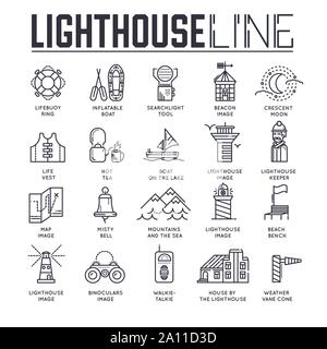 Set of lighthouses thin line icons isolated on white. Sea, ocean environment and lifeguard equipment outline pictograms collection. Maritime logos. Nautical vector elements for infographic, web. Stock Vector