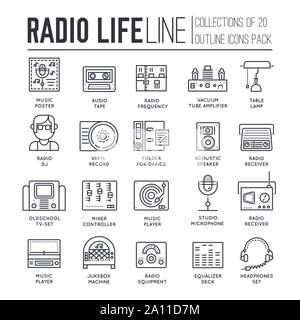 Set of radio life thin line icons isolated on white background. Old and modern music players outline pictograms collection. Audio logos. Sound devices vector elements for infographic, web. Stock Vector
