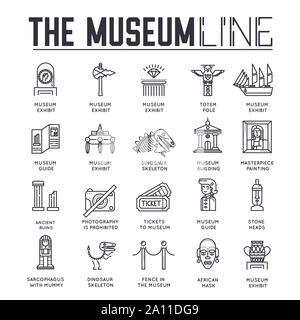 Set of museum building and objects thin line icons isolated on white. Exposition artifacts and employee outline pictograms collection. Exhibition hall, tour guide vector elements for infographic, web. Stock Vector