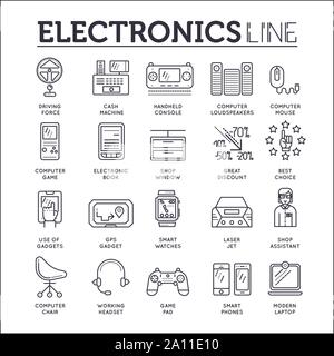 Set of electronics thin line icons, logos isolated on white. Using gadgets in everyday life outline pictograms collection. Modern technologies vector elements for infographic, web. Stock Vector