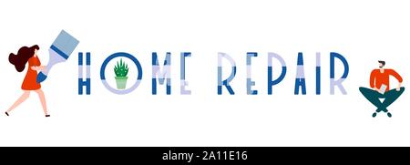 Vector illustration with people holding tools for painting works, home repair inscription. Painting, repair of premises. Building, construction, home Stock Vector