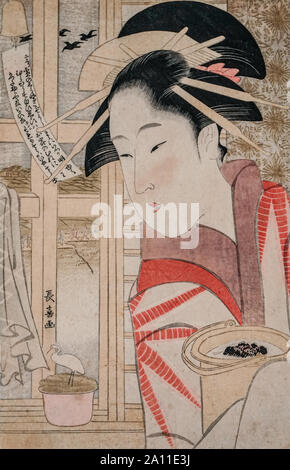 Courtesan looking at potted seeds, by Eishosai Choki, woodblock print, Edo period, 18th century Stock Photo