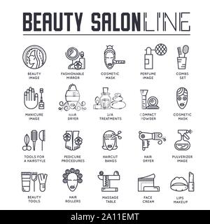 Set of beauty and spa salon thin line icons. Haircut, massage, manicure outline pictograms collection. Appearance care logos. Cosmetic tools and procedures vector elements for infographic, web. Stock Vector