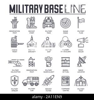 Set of military base thin line icons isolated on white background. Warlike equipment, transport outline pictograms collection. Armed power, forces vector elements for infographic, web. Stock Vector