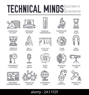 Set of technical minds thin line icons on white. Scientific progress results outline pictograms collection. Advance of science logos. Inventions, achievements vector elements for infographic, web. Stock Vector