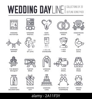 Set of wedding day decoration and attributes thin line icons on white. Marriage ceremony, food, drinks outline pictograms collection. Bridal traditions vector element for infographic, web. Stock Vector