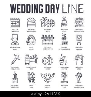 Set of wedding day celebration thin line icons on white. Marriage ceremony, food, drinks outline pictograms collection. Bridal decoration and attributes vector element for infographic, web. Stock Vector