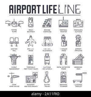 Set of thin line icons about business and tourist air trips isolated on white. Outline airport life and services pictograms collection. Flight and travel logos. Vector elements for infographic, web. Stock Vector