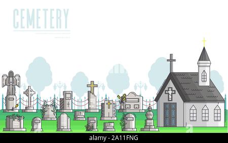 Funeral services of agency horizontal banner. Christian cemetery near church or chapel with graves, tombs, gravestones, crosses, monuments. Graveyard vector flat illustration. Place for text. Stock Vector