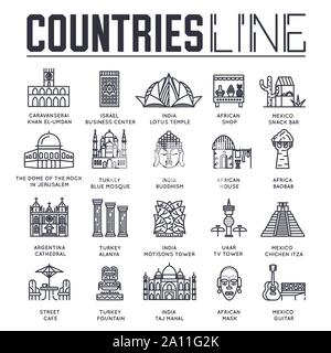 Set of sightseeing attractions of countries all over the world thin line icons isolated on white. Famous architecture outline pictograms collection. Landmarks vector elements for infographic, web. Stock Vector