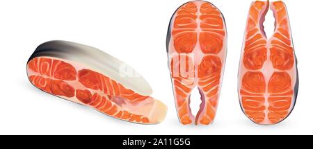 Set fillet salmon isolated on white background. 3D realistic slice of red fish. Beautiful steaks salmon. Fresh salmon close up. Vector illustration Stock Vector