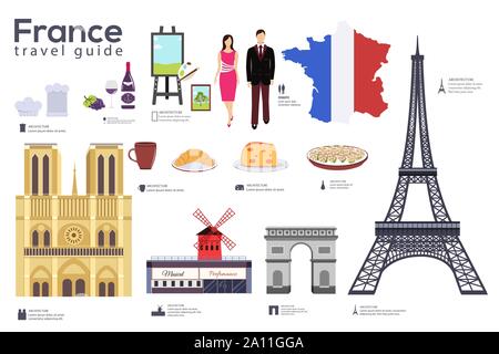 France travel guide template. Set of french landmarks, cuisine, traditions flat icons, pictograms on white. Sightseeing attractions and cultural symbol vector elements for tourist infographic, web. Stock Vector