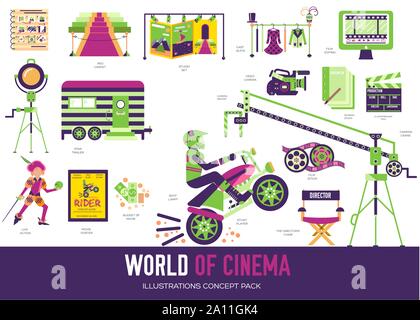 Set of cinema flat colorful icons isolated on white background. Film preparation, production and editing. Life of actors vector elements for infographic, web. Equipment, decoration for video shooting. Stock Vector