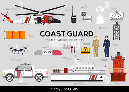 Coast guard with security equipment and medical service clipart. Set of border patrol men with boat, car, quadrocopter, helicopter icons. Marine interdiction agents, vehicles vector elements for web. Stock Vector