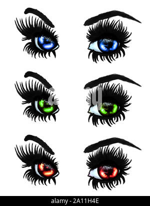 Digitally painted woman eyes of blue, green and red colors on white background. Stock Photo