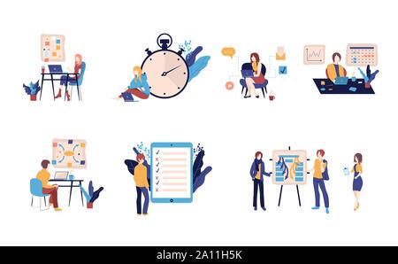 Set of scenes with efficient and effective time management and multitasking at work. Collection of people successfully organizing their tasks and appointments. Flat cartoon vector illustration. Stock Vector