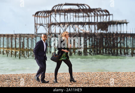 Brighton UK 23 September 2019 - The Mayor of London Sadiq Khan on Brighton beach this morning by the West Pier during the Labour Party Conference being held in the Brighton Centre this year. Credit : Simon Dack / Alamy Live News Stock Photo