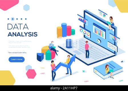 Can use for web banner, infographics, header images. Data analysis concept with characters vector illustration. Flat isometric isolated on white background. Stock Vector