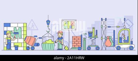 Building process vector flat horizontal illustration. Construction activity of work crew in hardhats with dump cart, cement mixer, tools, crane, project execution plan, bricks, traffic sign. Stock Vector