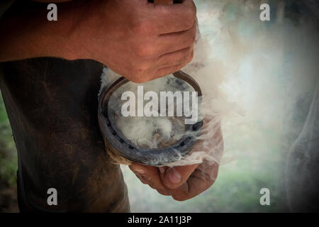 Hand shots of a farrier in the process of applying a new shoe to a horse Stock Photo