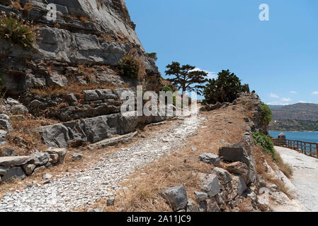 Spinalonga island, Crete, Greece.  Fortifications and venetian battlements on the former Leper Colony, Spinalonga situated in the Gulf of Mirabella. Stock Photo