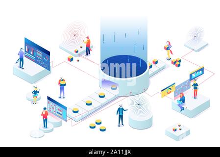 Data visualisation illustration vector concept. People interacting with charts and analysing statistics on 3d isometric. Stock Vector