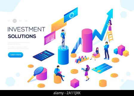 Analysis of sales, statistic grow data, accounting infographic illustration. Bank development economics strategy. Commerce solutions for investments, analysis. Economic deposits flat isometric concept Stock Vector