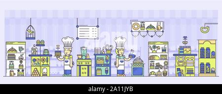 Confectionery with sweets, pastry, hot drinks, candies, menu, cooks. Outline vector bakery and cafe concept. Chefs cooking cakes in kitchen and carrying them shop-window for selling. Stock Vector