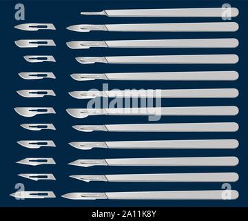 set of scalpels with removable blades for the handle number 4. special surgical hand tool. health and medicine. vector illustration. Stock Vector