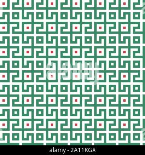 Abstract seamless maze pattern. Geometric green, red and white background design. Vector illustration Stock Vector