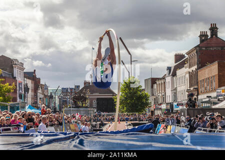 The Great North City Games were held in the High Street ,Stockton on Tees,England,UK, A male pole vaulter in action Stock Photo