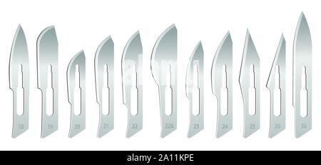 A set of removable blades for surgical scalpel with handle number 4. Objects on a white background. Vector illustration. Stock Vector