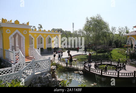 (190923) --BEIJING, Sept. 23, 2019 (Xinhua) -- Visitors tour the Macao Garden during the 'Macao Day' event of the Beijing International Horticultural Exhibition in Beijing, capital of China, Sept. 22, 2019. Macao Special Administrative Region of the People's Republic of China is on the southwestern side of the Pearl River Delta. Although it is a densely populated region, with a population of about 670,000 and an area of some 33 km?, Macao has been putting efforts on ecological protection. Macao has over 20 urban parks or gardens, four rural parks and three wetland ecological zones. Its unique Stock Photo