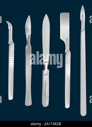 Set of surgical cutting tools. Reusable all-metal scalpel, scalpels with removable blades, Liston s amputation knife, scalpel with a blade for skin Stock Vector