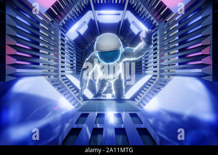 3D rendered illustration of a Astronaut in a science fiction architecture tunnel of a spaceship or station. Stock Photo