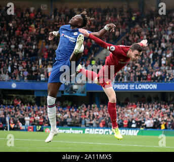 LONDON, ENGLAND - SEPTEMBER 22: Chelsea’sTammy Abraham and Liverpool’s Andrew Robertson fight for the ball during  the Premier League match between Chelsea FC and Liverpool FC at Stamford Bridge on September 22, 2019 in London, United Kingdom. (Hugo Philpott/MB Media) Stock Photo