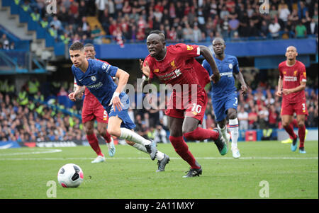 LONDON, ENGLAND - SEPTEMBER 22:  Liverpool’s Sadio Mane runs with the ball during the Premier League match between Chelsea FC and Liverpool FC at Stamford Bridge on September 22, 2019 in London, United Kingdom. (Hugo Philpott/MB Media) Stock Photo