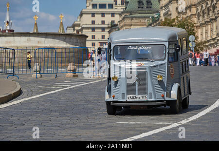 Citroen HY 1968 rally Gorkyclassic on the run of vintage cars in Moscow against the background of the Red Square and the audience, front view Stock Photo