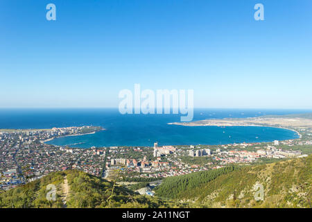 Aerial view of Gelendzhik sea bay. Photo of resort city from hill of caucasian mountains.