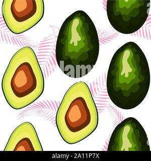 Seamless pattern with avocado slices and leaves of monstera on light background Stock Vector