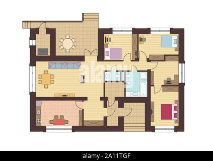 Architectural floor plan of a house. Drawing of the cottage with furniture arrangement. One-storey building. Vector illustration EPS10 Stock Vector