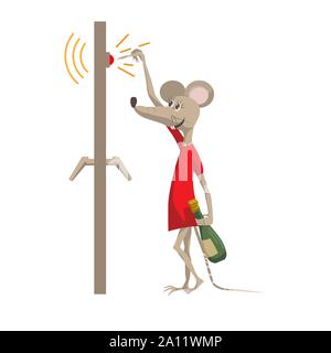 Funny mouse with a bottle of champagne rings the doorbell. The symbol of the New Year 2020. Cartoon character in a flat style vector illustration. Stock Vector