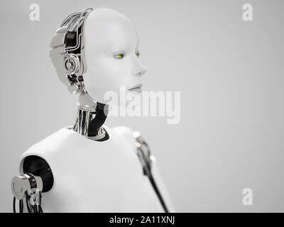 3D rendering of a female robot head with gray background. Artificial intelligence concept.