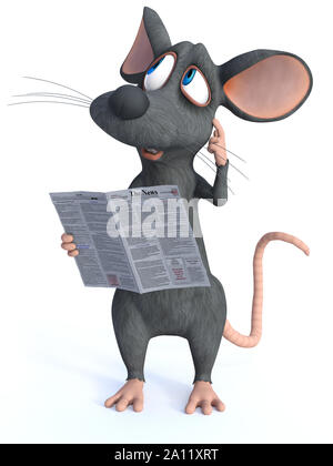 3D rendering of a cute cartoon mouse standing and holding a newpaper in his hand while scratching his head thinking about something. White background. Stock Photo