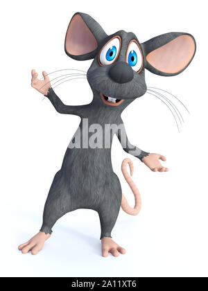 3D rendering of a cute smiling cartoon mouse standing with his arms outstretched in a welcoming pose like he is greeting you or saying tada. White bac Stock Photo