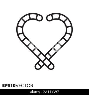 Christmas candy canes in heart shape line icon. Outline symbol of holidays and festive decoration. Christmas gift flat vector illustration. Stock Vector